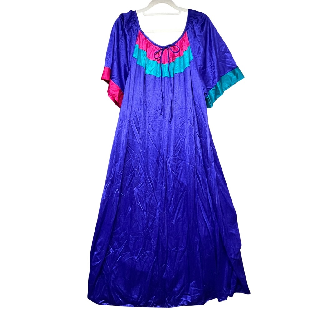 Vintage Womens Nightgown Size 2X Purple Satin Colorblock Maxi Nightie Sleepwear